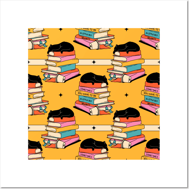 Books and Plant Black Cat Pattern in yellow Wall Art by The Charcoal Cat Co.